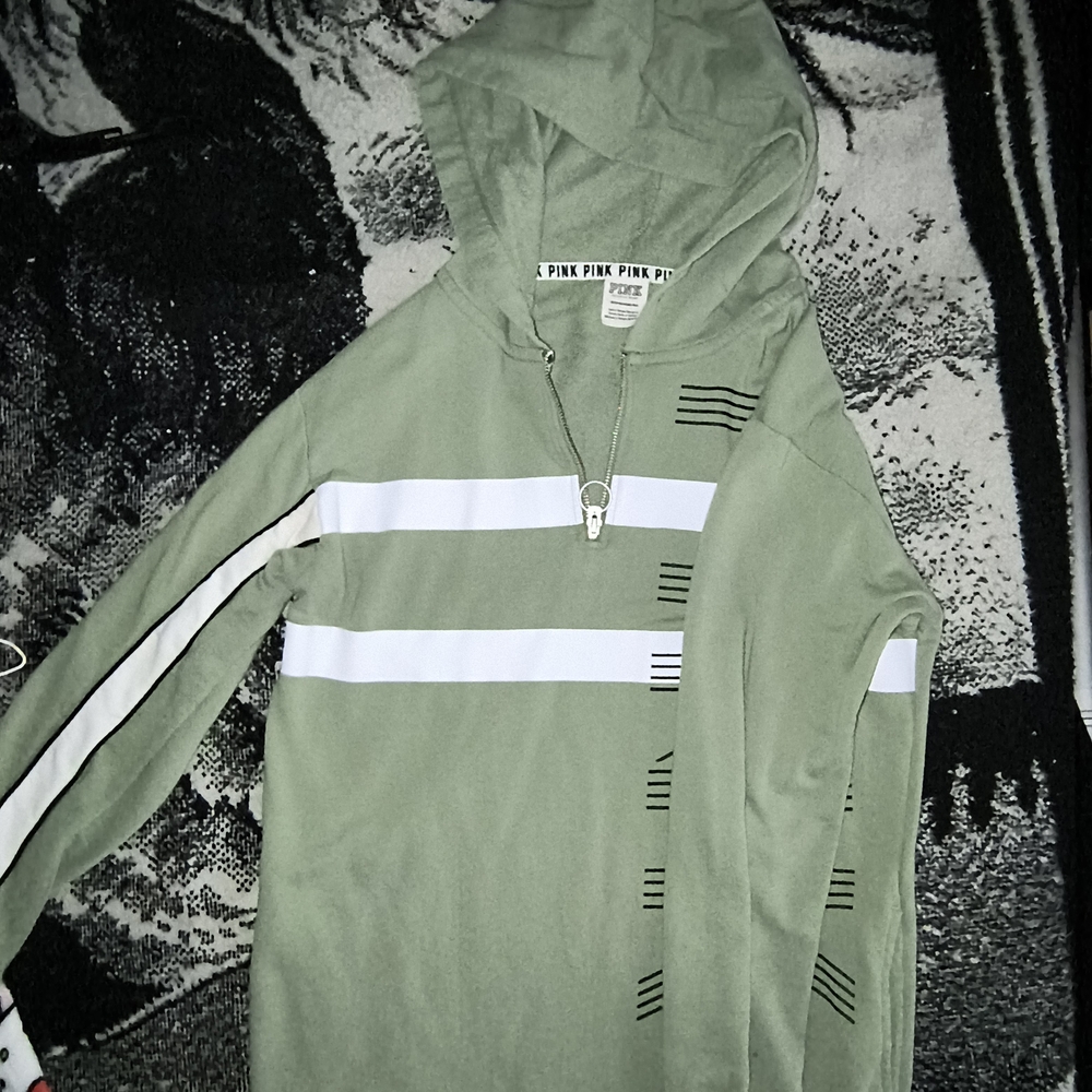 PINK Victoria's Secret Olive and White Zip-Up Sweater